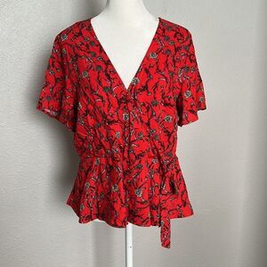 NSR Faux Wrap Peplum Blouse Red Print Size Medium